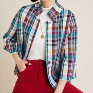 Anthropologie Sz S Rosseta Multicolor Plaid Knit Blazer Crop Academia